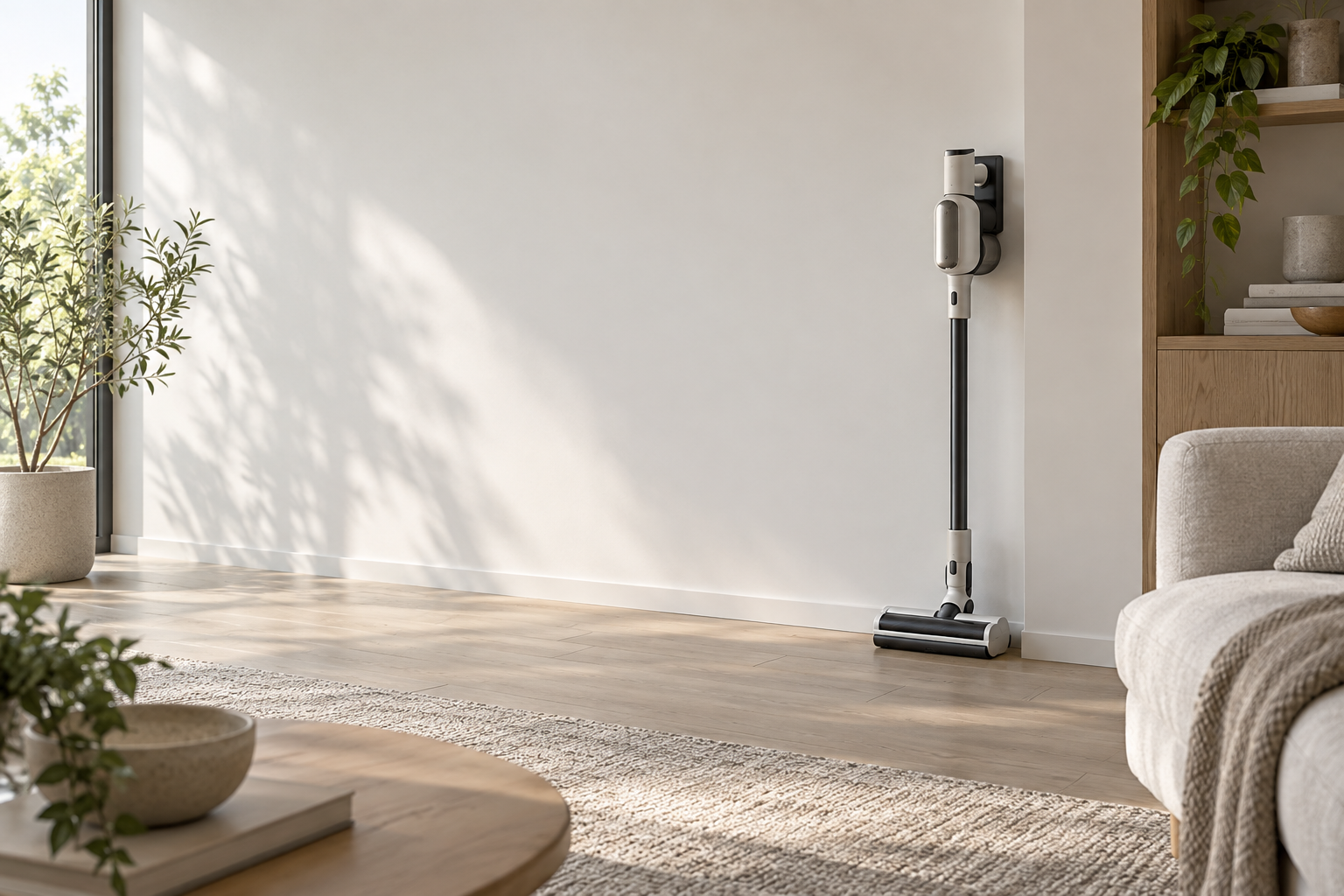 Cordless vacuum stored in a calm living room