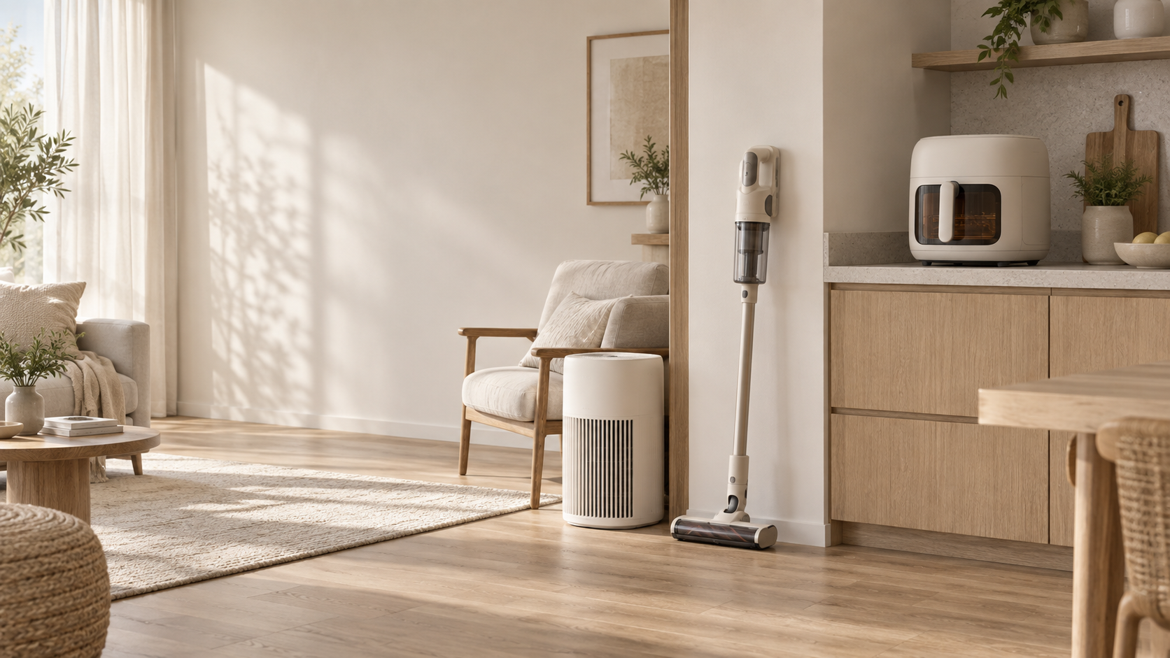 Compact homentio appliances in a calm apartment