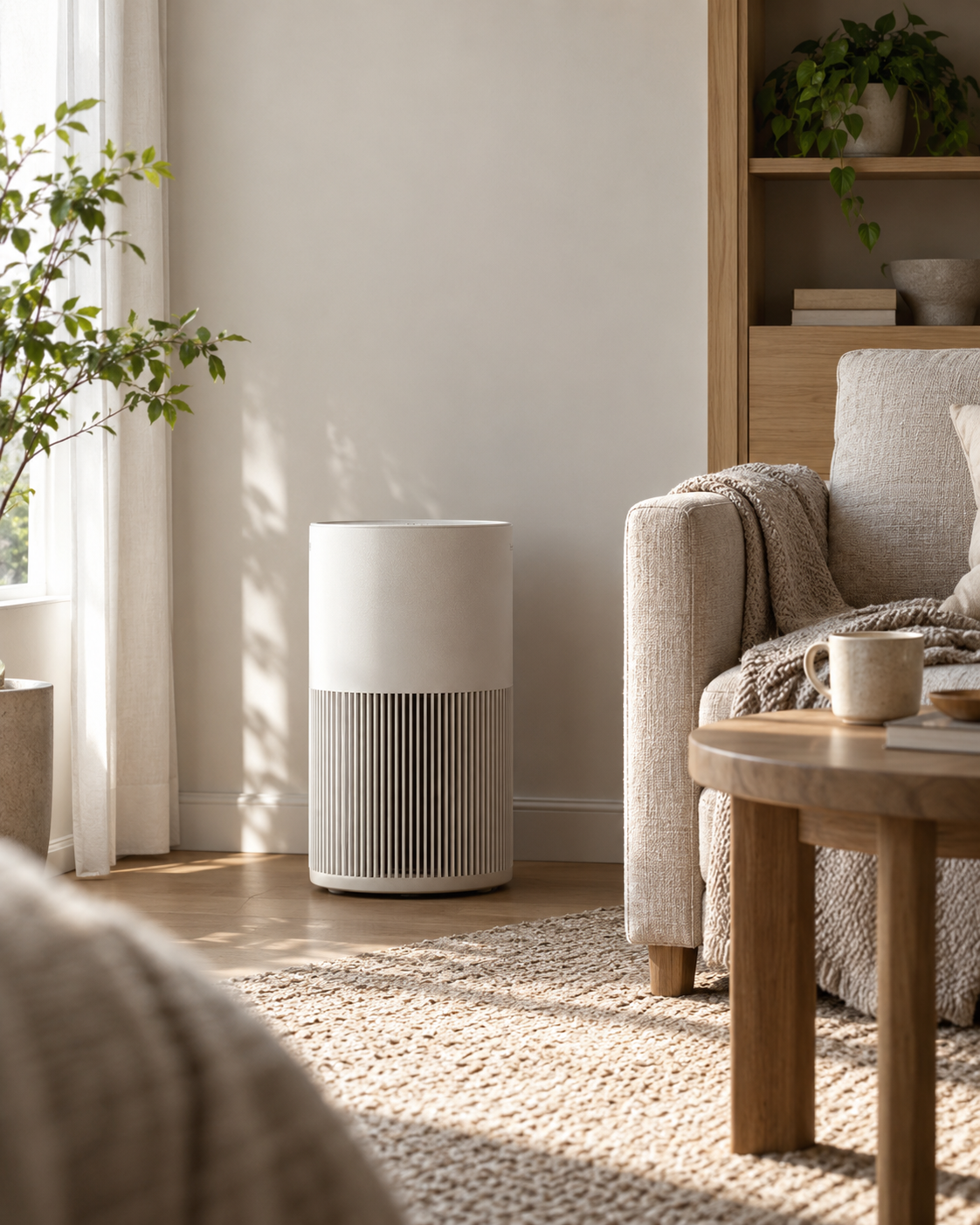 A compact appliance in a calm living space